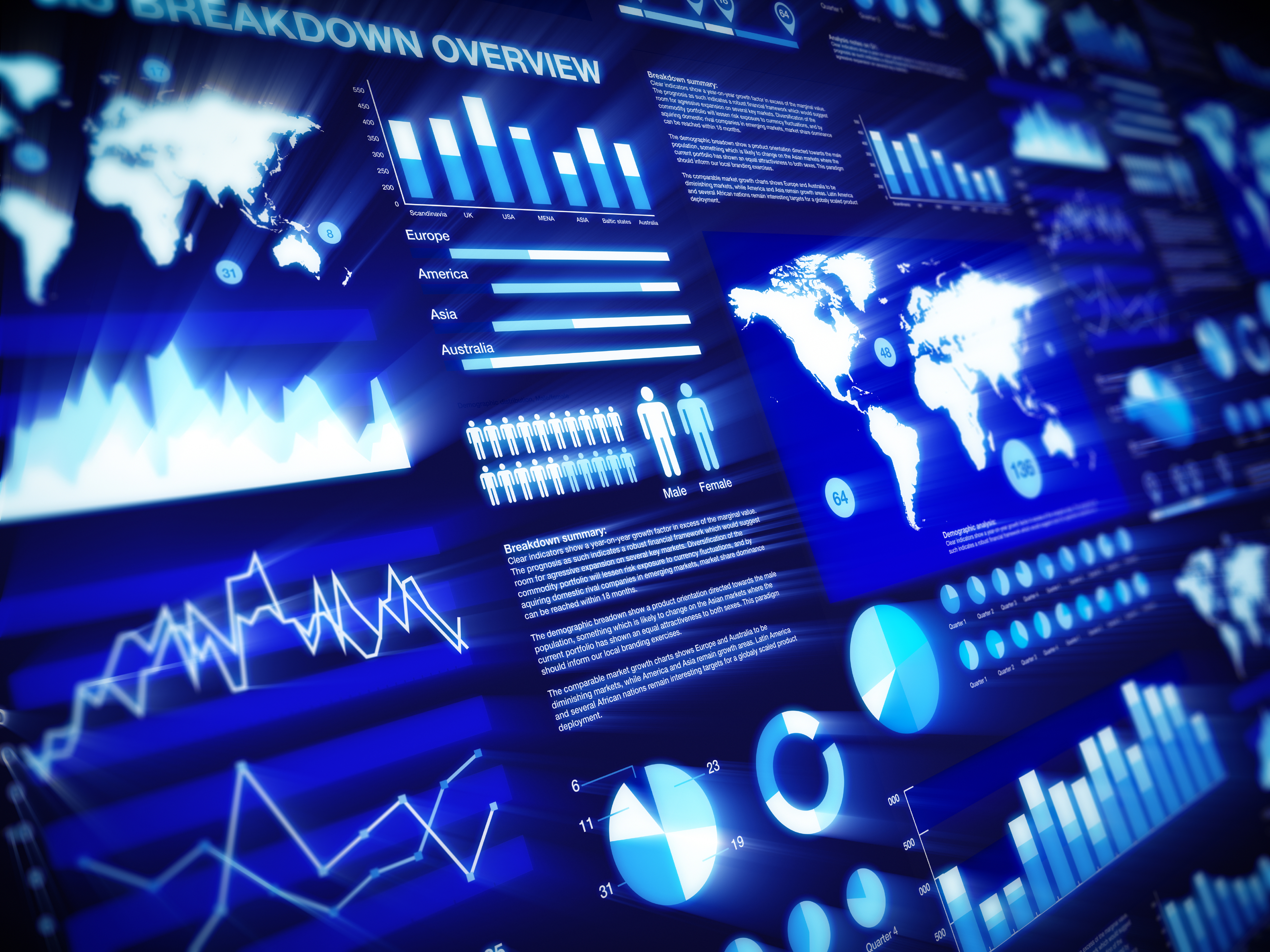 Glowing graphs charts blue