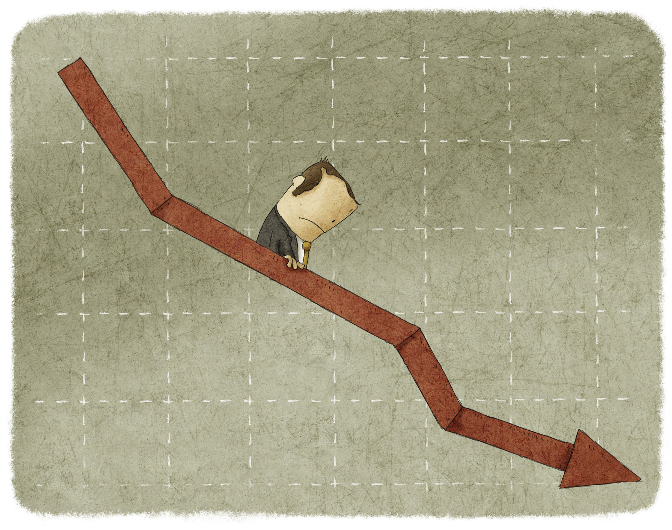 Sadness businessman going down in arrow graph escalator